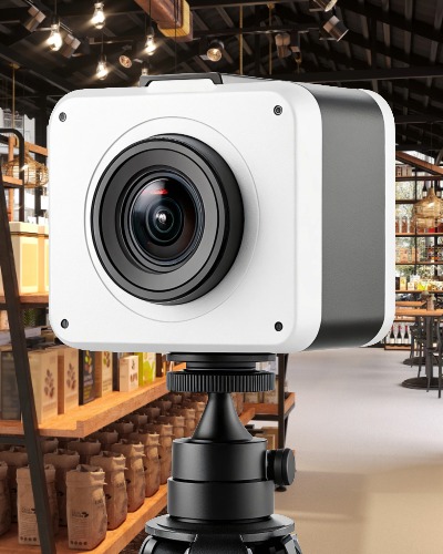 Câmera 360º em um tripé dentro de um estabelecimento