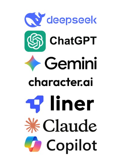 Logos de assistentes de IA: DeepSeek, ChatGPT, Gemini, Character.ai, Liner, Claude e Copilot